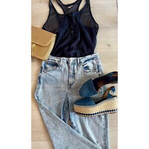 Good American Good Waist Crop Jeans Sz 14 / 32 Distressed High Rise Raw Hem